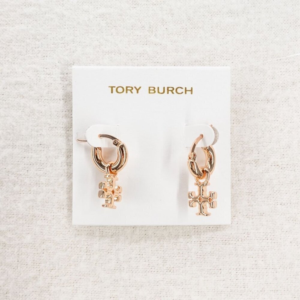 Tory Burch Kira Logo Drop Huggie Hoop Earrings Rose Gold OS - Picture 8 of 12
